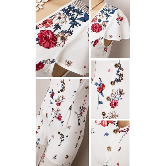 White Floral Button Front Culotte Crop Jumpsuit - Picture 6 of 8